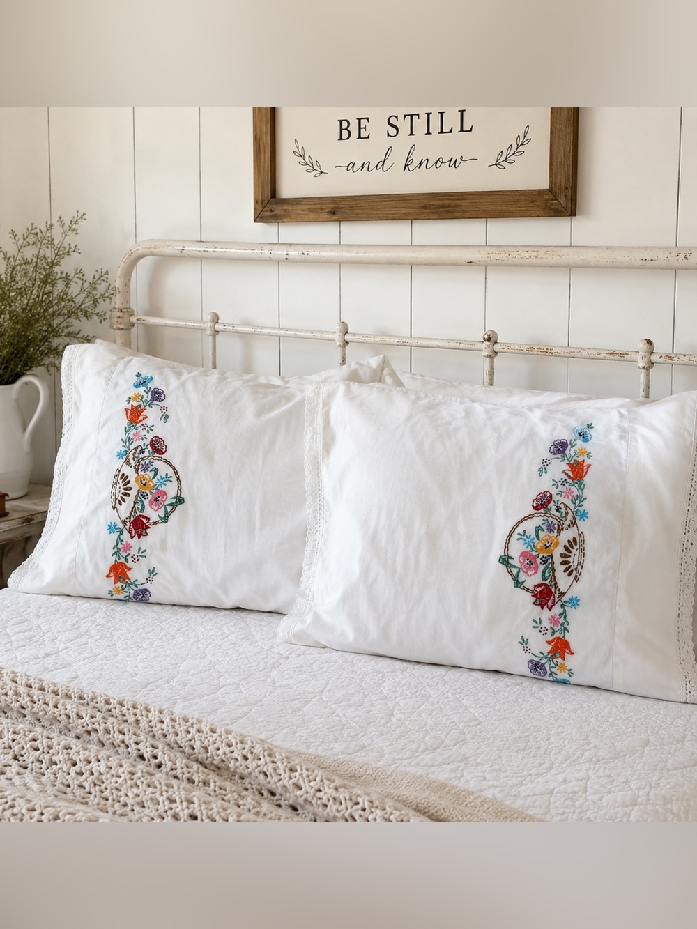 Vintage Embroidered Floral Pillowcases Set of 2 Crochet Lace Cottagecore